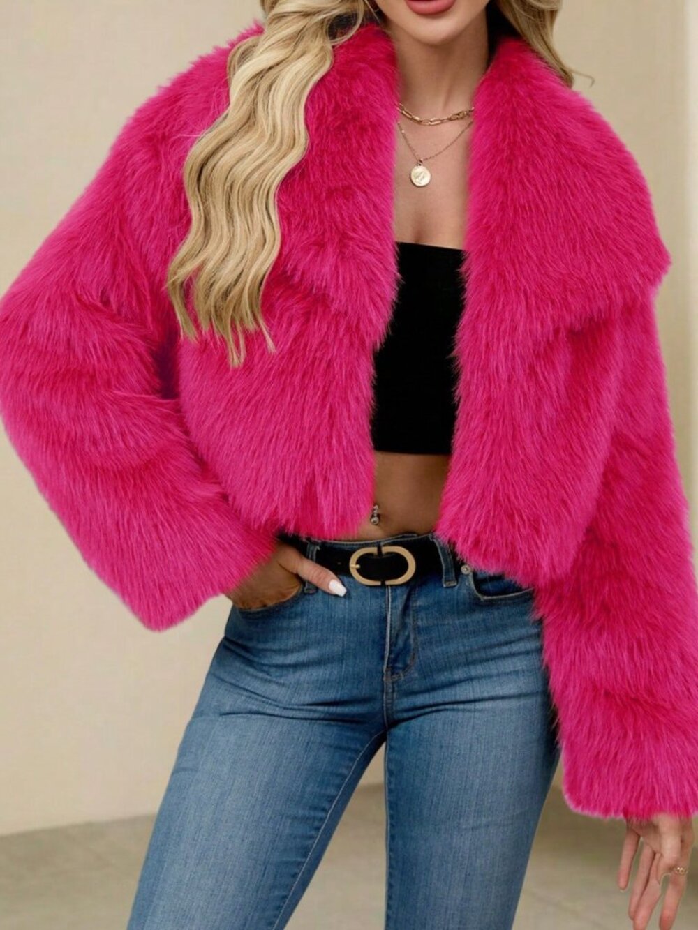 Hot Pink Women's Loose Winter Plain Single-Breasted Collared Faux Fur Jacket